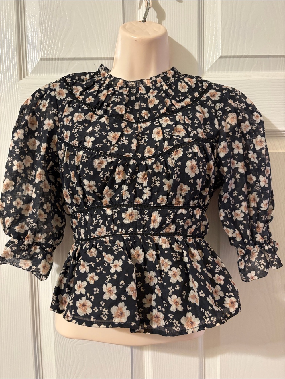 Tecovas & Kristopher Black Floral Ruffled Peplum Blouse